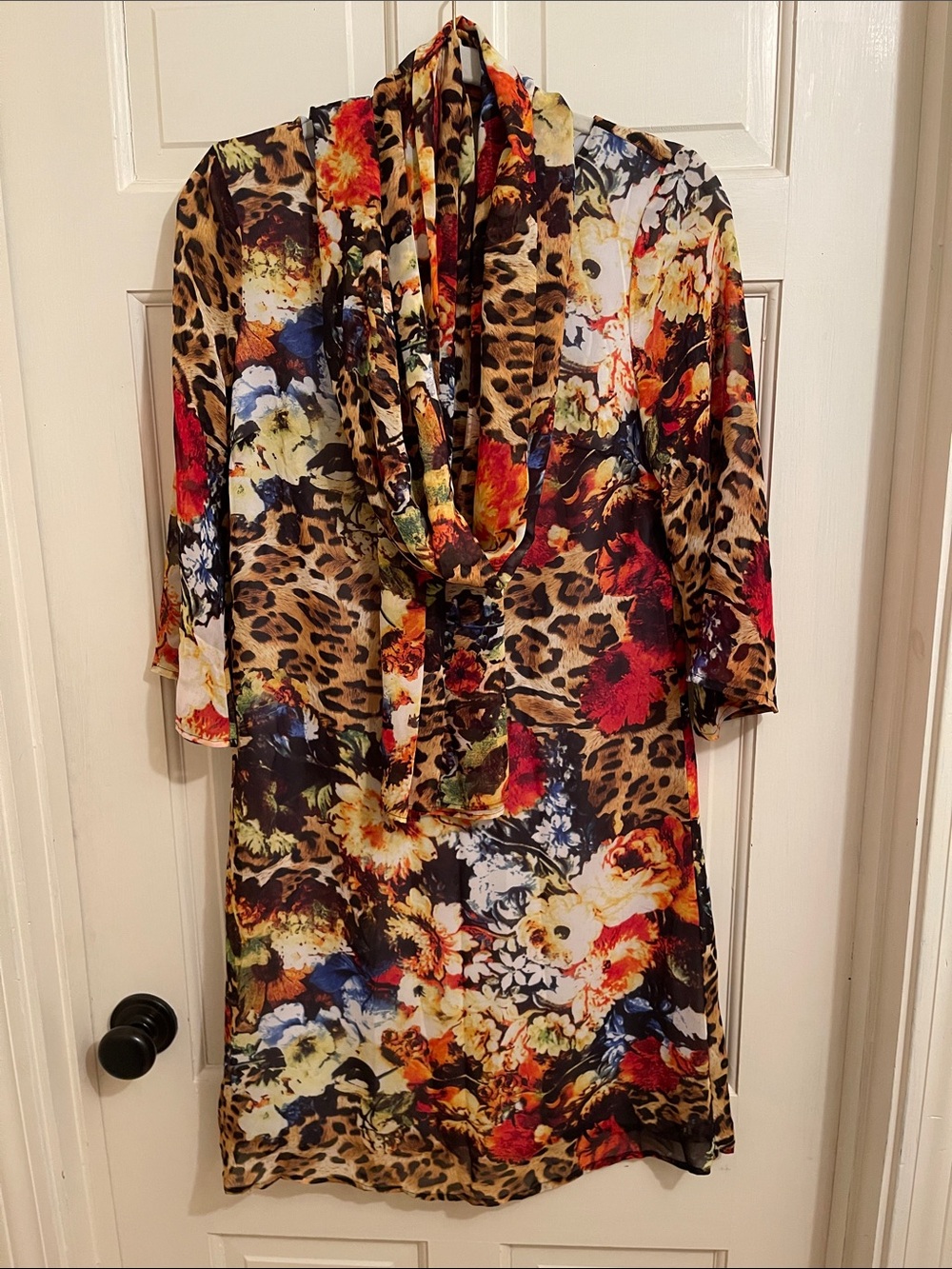 Versatile Floral Leopard Midi Dress in Multicolor with Matching Scarf/Shawl.